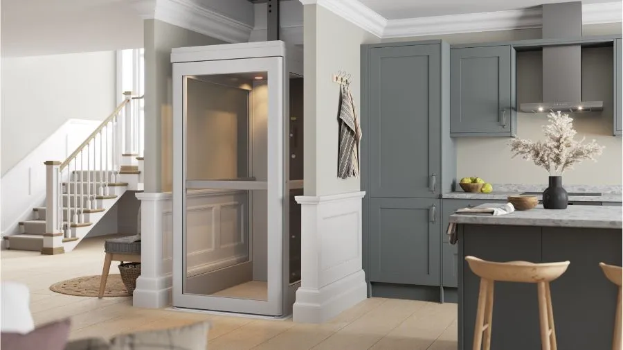 a home elevator next to a kitchen
