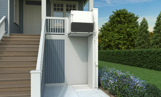 a platform lift next to a long stair case