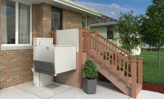a platform lift next to an outdoor staircase