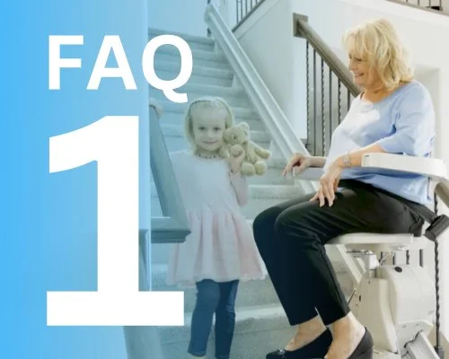 faq 1 text over an image of a little girl walking down the steps as an elderly lady is riding the stair lift