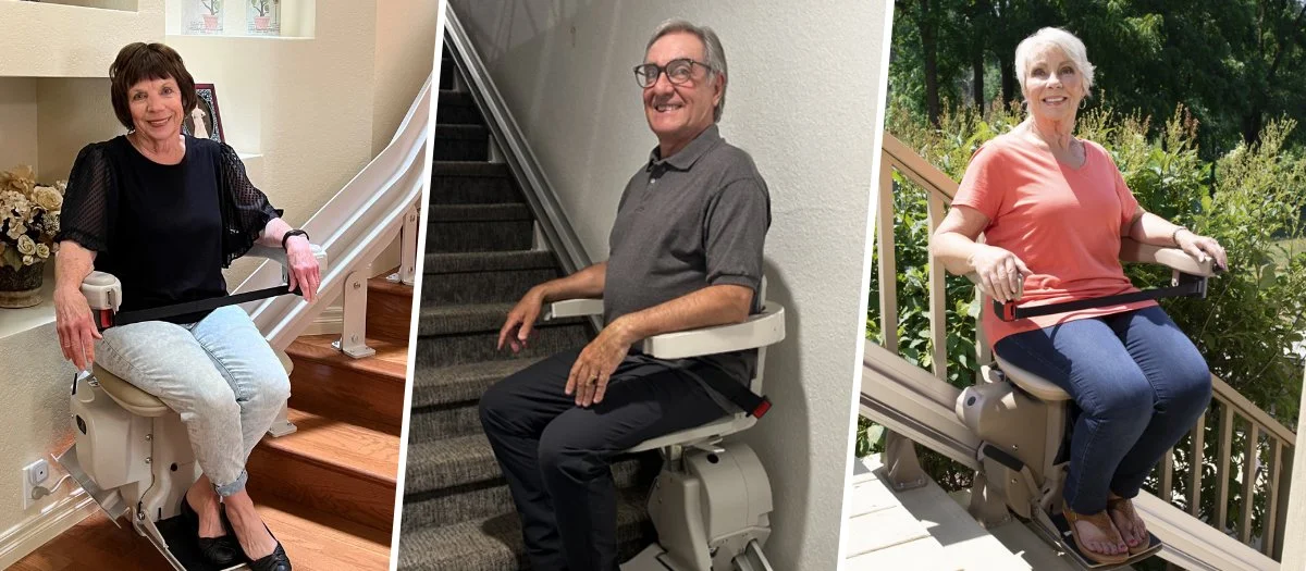 bruno customers sitting on stair lifts side by side