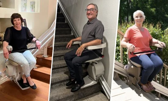 an woman riding an indoor stair lift, a man riding an indoor stair lift, and a woman riding an outdoor stair lift