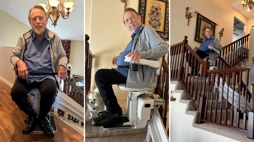 a man riding a curved stair lift